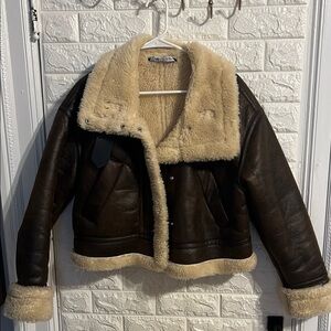 Zara Brown and Cream Leather Jacket with Shearling Trim